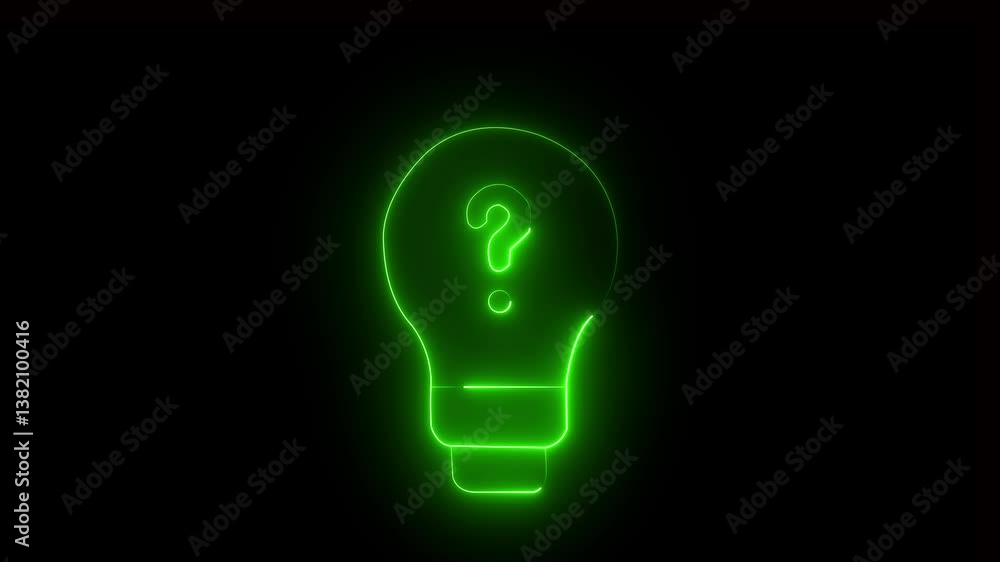 Poster glowing neon bright light bulb with question mark animation on black background. glowing question ma