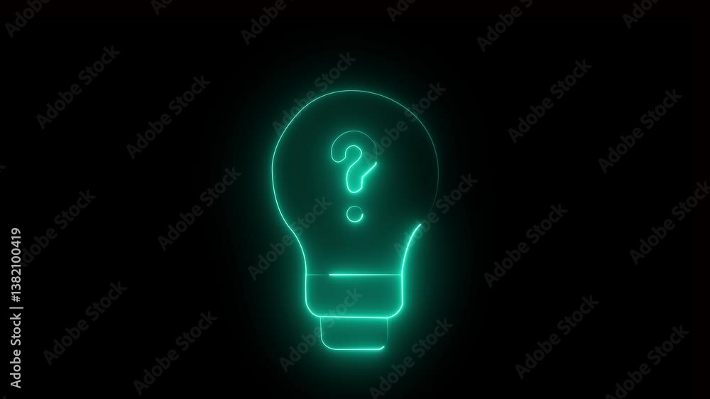 Poster glowing neon bright light bulb with question mark animation on black background. glowing question ma