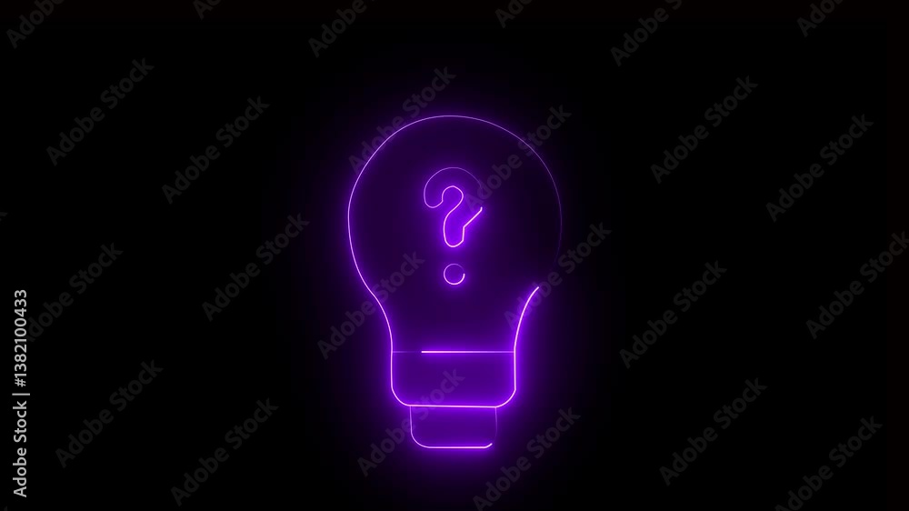 Poster glowing neon bright light bulb with question mark animation on black background. glowing question ma
