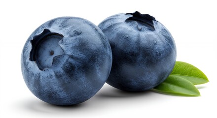 Close-up of Two Fresh Blueberries with Green Leaves on White Background