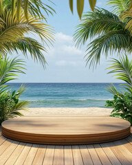 Fototapeta premium serene beach scene features wooden podium surrounded by lush palm trees, inviting relaxation and tranquility. gentle waves and clear sky enhance peaceful atmosphere