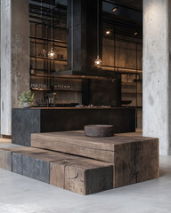Modern wood podium enhances industrial aesthetic of this stylish space featuring sleek kitchen with dark accents and concrete walls creating warm inviting atmosphere