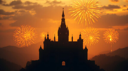 Castle silhouette fireworks sunset mountains