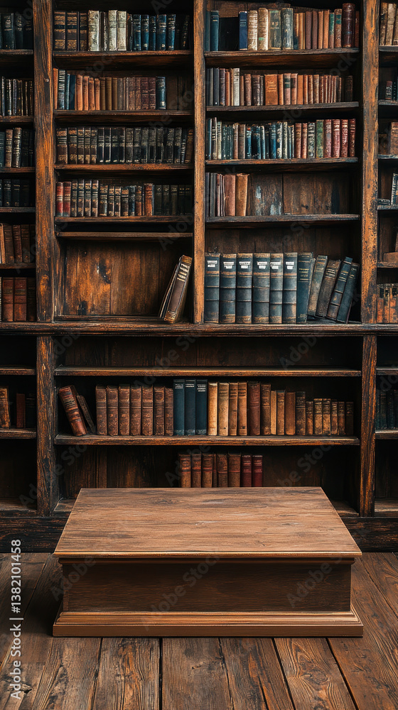 Poster beautifully crafted wooden podium stands in front of grand bookshelf filled with array of vintage bo