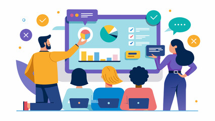 A large interactive touchscreen display captures the attention of attendees as they navigate through a dynamic multimedia presentation each tap revealing new insights and trends.. Vector illustration