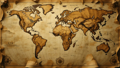 Antique World Map with Brown Tones and Navigation Stars Design