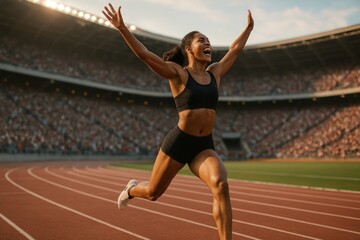 Triumphant athlete crossing finish line.