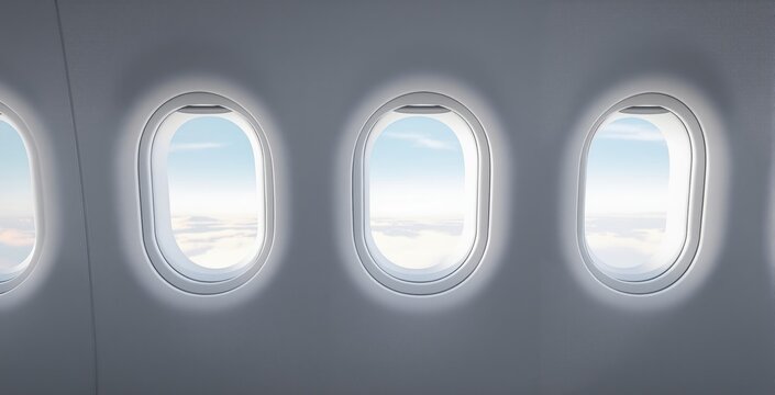 Airplane cabin interior with four windows showing sky view, minimal graphic style on soft gray background, concept of travel and journey. Ai generative - Powered by Adobe
