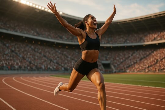 Triumphant athlete crossing finish line.