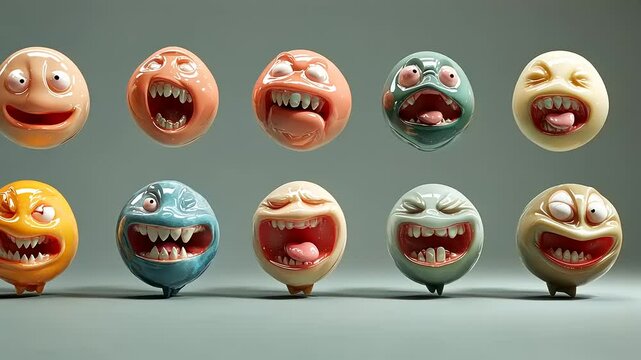 Ten Grotesque 3D Rendered Cartoon Faces with  Funny Expressions