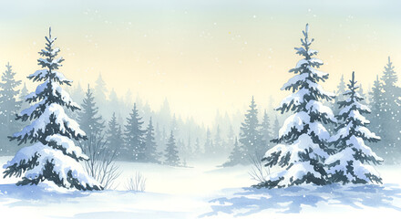 Winter forest background with snowy pine trees in watercolor