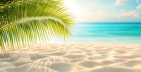 Tropical beach scene with palm leaf shadow on smooth sand, bright turquoise ocean and blue sky in soft focus background, concept of summer travel trip. Ai generative