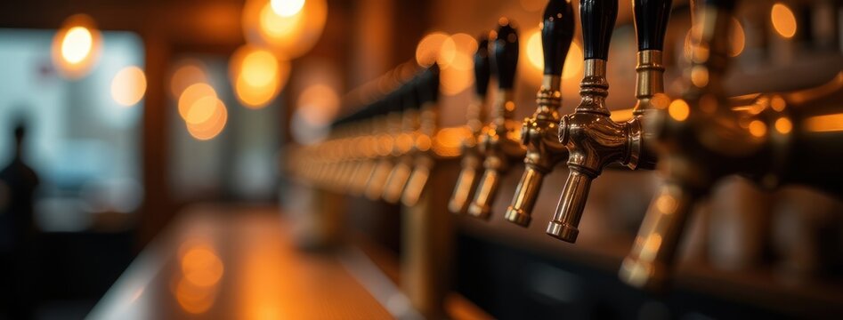 Row of Beer Taps - Bar and Pub Scene. Ideal for bar and pub websites, brewery advertisements, nightlife event graphics, restaurant menu designs - Powered by Adobe