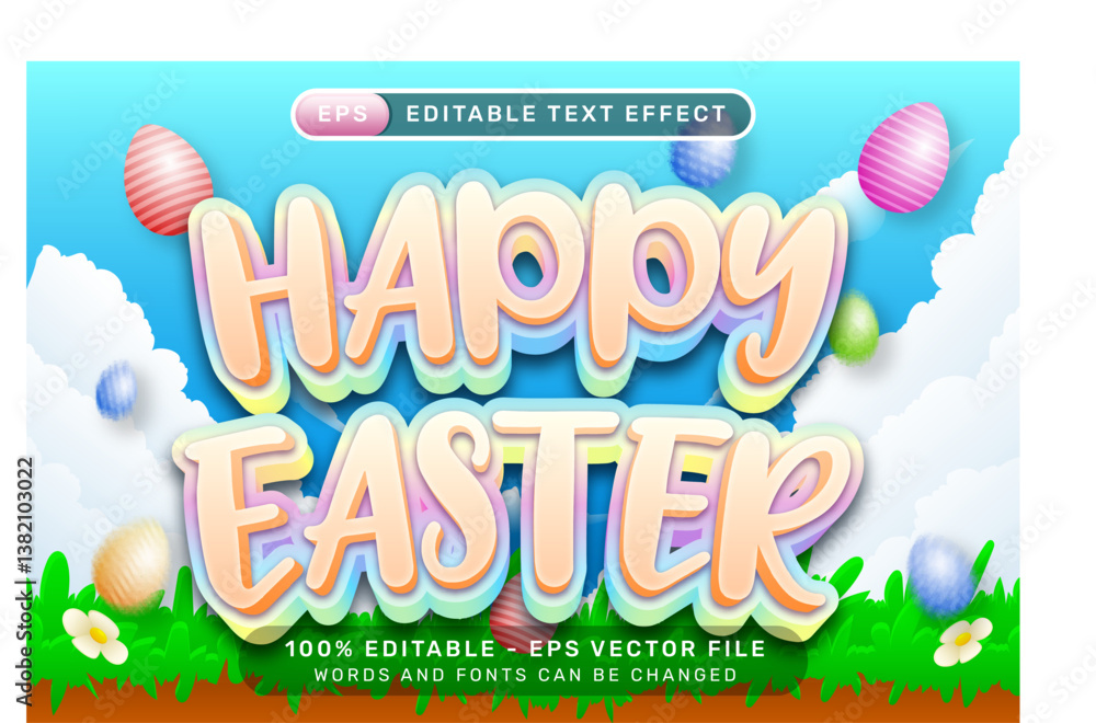 Poster happy easter 3d text effect and editable text effect with easter egg illustrations