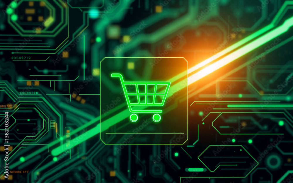 Poster green shopping cart icon illuminated on a dark circuit board backdrop with glowing lines and dots. i