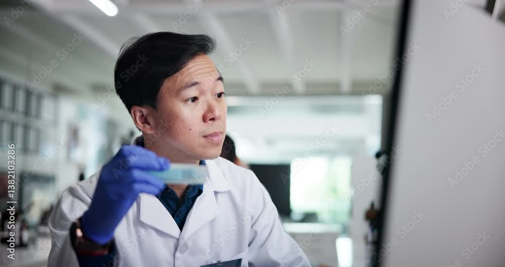 Poster serious, medical research and man with sample, computer and typing results of experiment, online and
