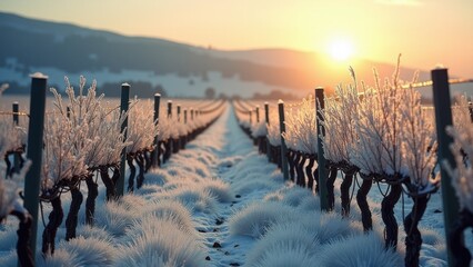 Fototapeta premium Frost-covered vineyard rows in winter landscape under overcast morning sky 