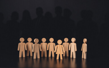 Wooden figures stand in a group, illuminated against a dark backdrop. One figure, seemingly female, stands slightly apart in the foreground, with blurred silhouettes behind.