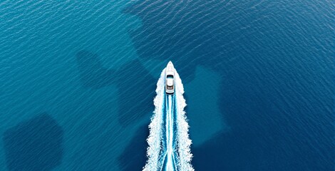 A luxury yacht sails across clear ocean waters from a top view, creating a white trail on a blue sea background, symbolizing travel, freedom, and adventure. Ai generative