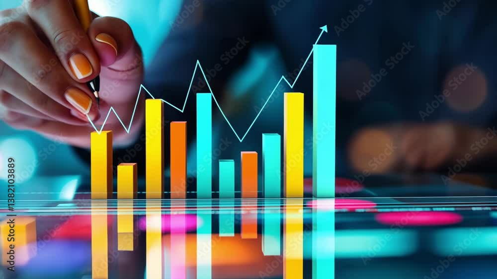 Poster colorful data analysis modern growth trends visualized with vibrant bars and lines in dynamic graphs