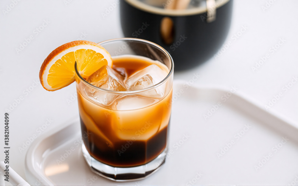 Poster refreshing iced cocktail in a clear glass adorned with an orange slice, presented on a clean white t