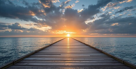 Obraz premium Wooden dock leading into tranquil ocean at sunset, realistic photographic style, under colorful cloudy sky background, concept of peaceful travel journey. Ai generative