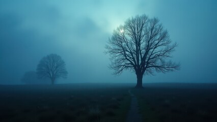 Two bare trees in open field under blue fog at dawn with moody atmosphere	