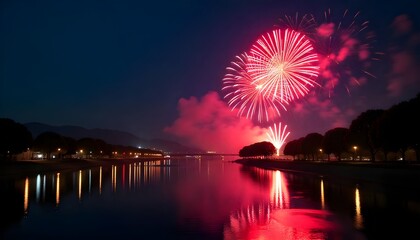 A beautiful nighttime hanabi (fireworks) display over a Japanese river, reflecting on the water, perfect for summer