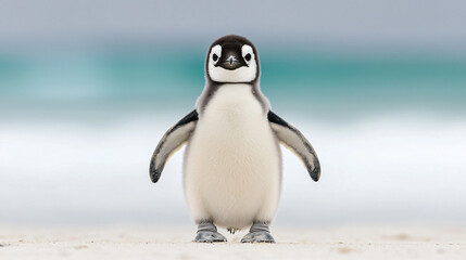 Naklejka premium Adorable Baby Penguin Standing on Sandy Beach with Ocean Background for Cute Animal Photography