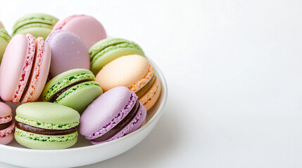 Colorful Macarons Displayed Harmoniously on a White Plate against a Clean White Background