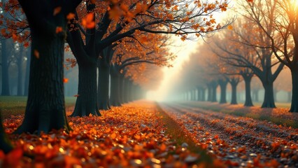 Tree-lined path covered with autumn leaves in morning light and soft mist	