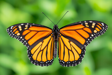 Fototapeta premium Detailed Monarch Butterfly Portrait with Intricate Wing Patterns on Green Foliage Background