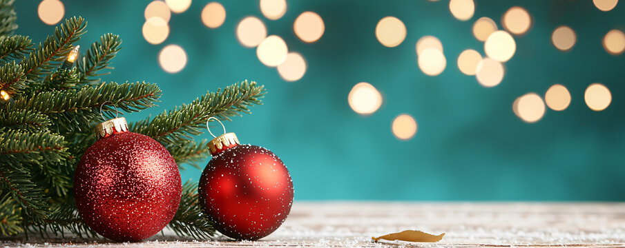 Festive Christmas Ornaments with Bokeh Lights Background in Teal and White Festive Decorations