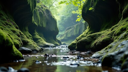 Narrow mossy gorge with shallow stream and soft light filtering through trees	
