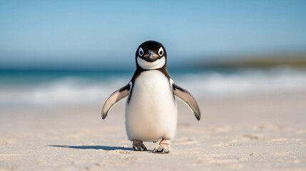 Obraz premium Little Penguin Chick Waddling on Sandy Beach Near the Ocean Waters on a Sunny Day Showing Happiness