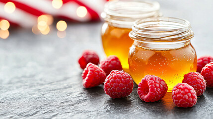 Sweet Treat Jars of Honey with Fresh Raspberries on a Stone Surface Still Life Composition