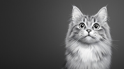Fototapeta premium Wide Eyed Long Haired Tabby Cat Staring Upward in Monochrome Style on a Plain Gray Background