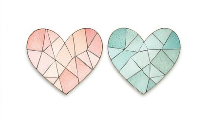Abstract geometric hearts in soft pastel colors with intricate patterns on a light background