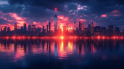 Fototapeta premium City Skyline at Sunset: Capturing the captivating silhouette of a city skyline at sunset, with the buildings reflected in a tranquil body of water, creating a vibrant and awe-inspiring cityscape.