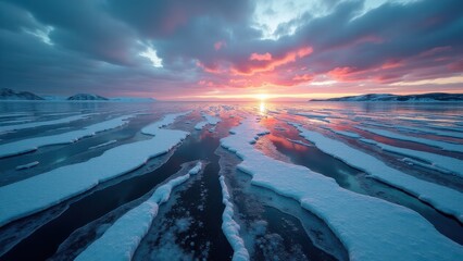 Fototapeta premium Melting sea ice on arctic coast during colorful sunset with distant mountains 