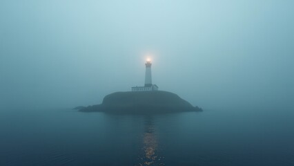 Fototapeta premium Lonely lighthouse on small rocky island surrounded by fog and still water 