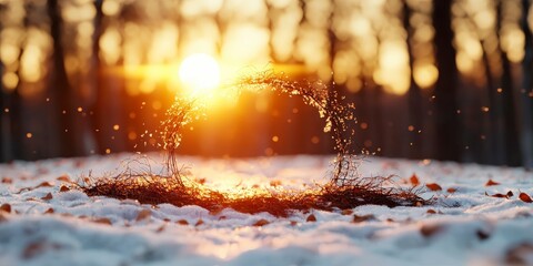 Sparkling Water Droplets Surrounded by Twigs at Sunset Over Snowy Ground in a Serene Winter Landscape