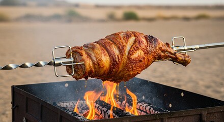 Roasting Lamb Leg on Spit Over Fire for Outdoor Cooking