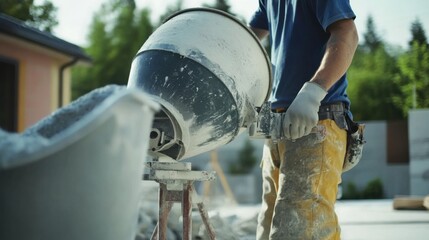 A construction worker using a cement mixer at a building site. Featuring efficiency and focus