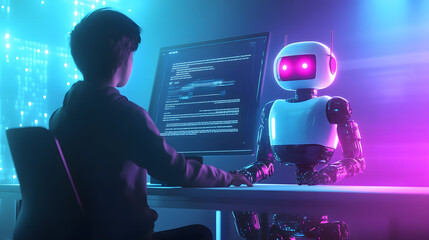 AI powered tutor robot assisting young student at digital desk