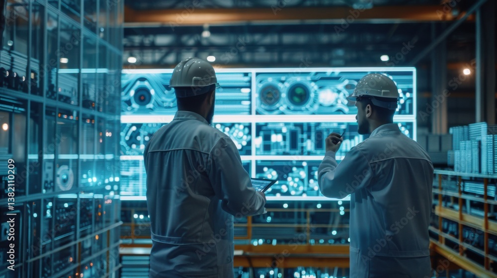 Poster two industrial engineers use a tablet to visualize big data statistics, optimizing a high-tech elect