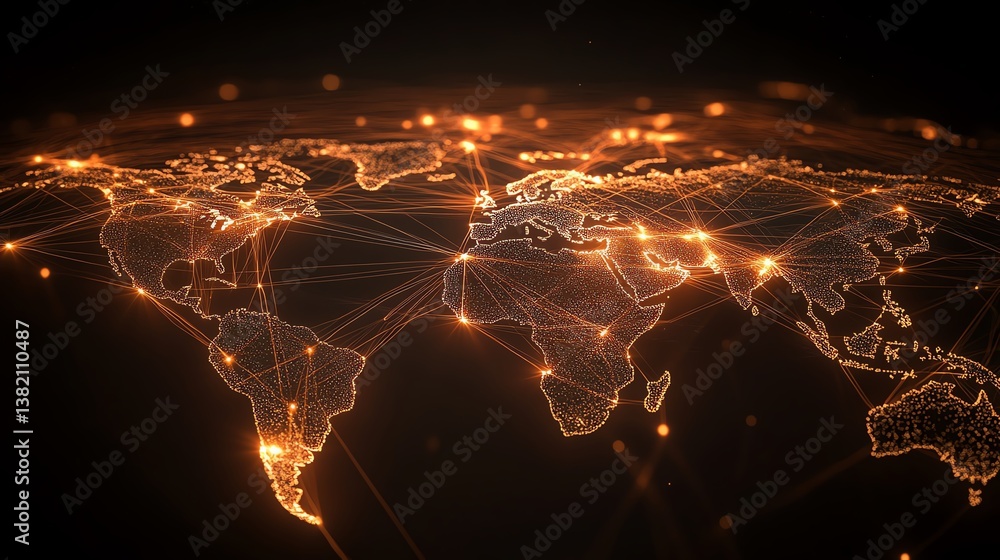 Poster global network connections illuminated by bright lights showcasing data flow across continents and c