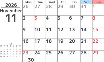 シンプルなデザインの2026年11月の月曜始まりマンスリーカレンダー素材
