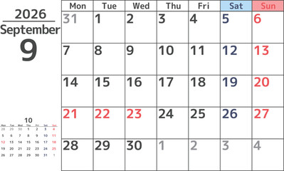 シンプルなデザインの2026年9月の月曜始まりマンスリーカレンダー素材
