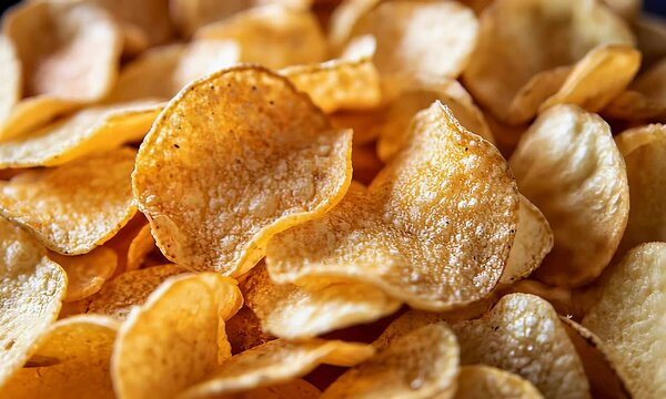 Crispy, golden potato chips pile up, each with a unique texture and delicious salty seasoning. Perfect for snacking